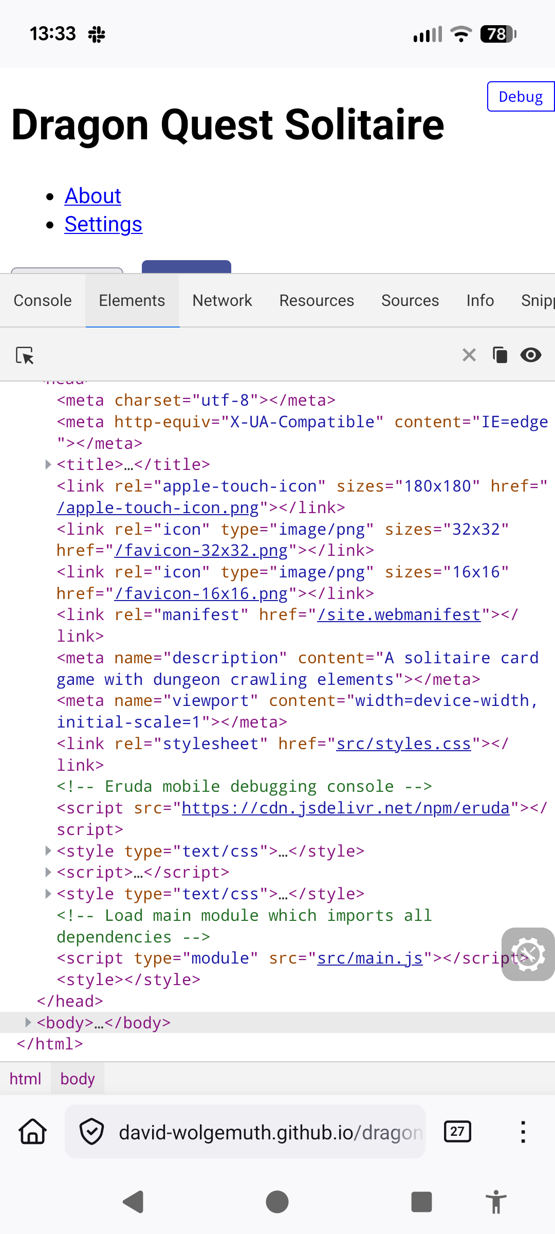 Eruda development tool interface on mobile