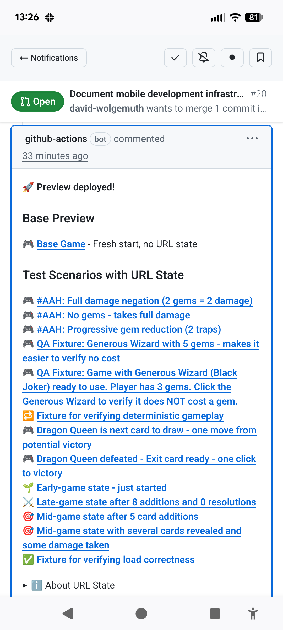 GitHub PR comment showing QA links